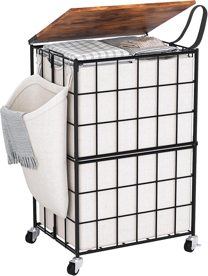 90L Laundry Basket with Wheels, Large Capacity Laundry Hamper with Removable Liner Bags, Heavy Duty Laundry Sorter with Solid Wood Lid & Leather Handles (Beige) TLH001B01