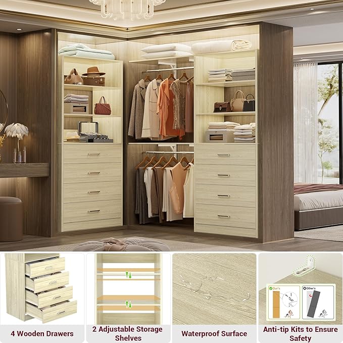 Aheaplus Closet Drawers Organizer System, 21.3" Wood Closet System with 4 Drawers, Modular Walk-in Closets Storage Unit, Tall Bookshelf Storage Cabinet, White Oak