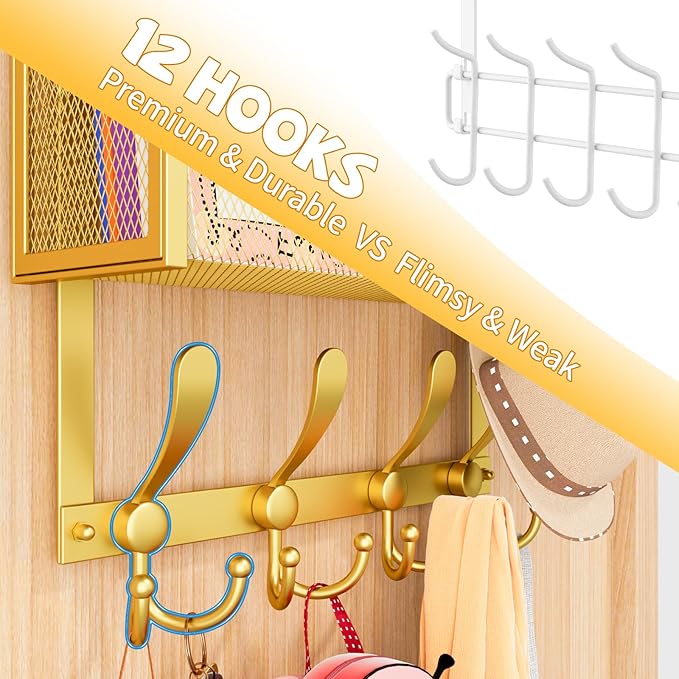 Over The Door Hooks Organizer, Coat Rack Over The Door Storage Hanger Towel Rack, Back of Door Storage Organizer for Bathroom,Bedroom,Kitchen,Office (Gold, 4-Tier)