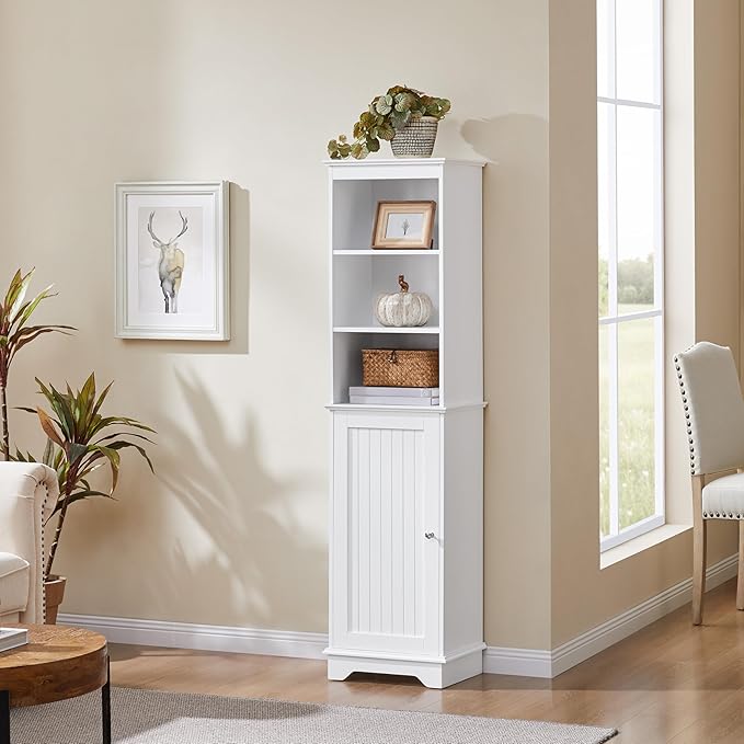 Yaheetech Tall Slim Storage Cabinet with 3 Shelves & Door, Freestanding Linen Cabinet for Bathroom, Living Room, Entryway, 16 x 12 x 60.5 Inches, White