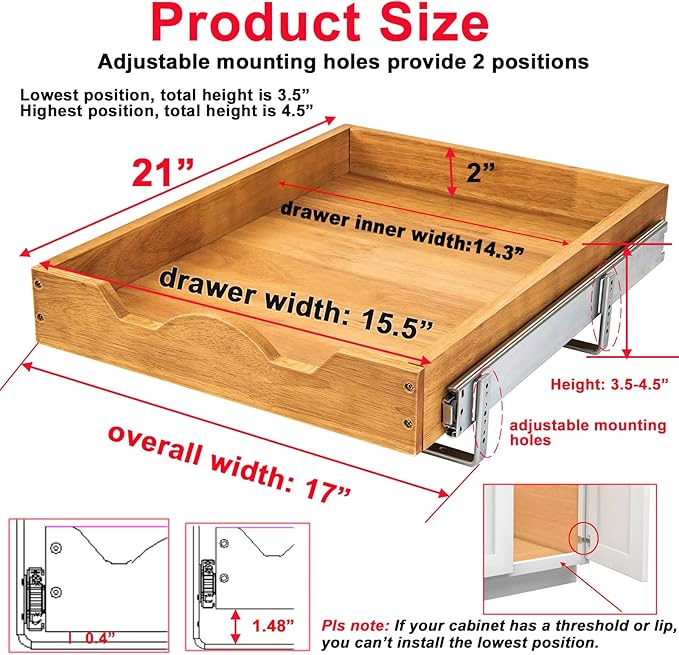 DINDON 1 Tier Pull Out Cabinet Organizer (17"W x 21"D) Single Tier Heavy Duty Slide Out Wood Drawer Under Cabinet Shelf Organization Storage