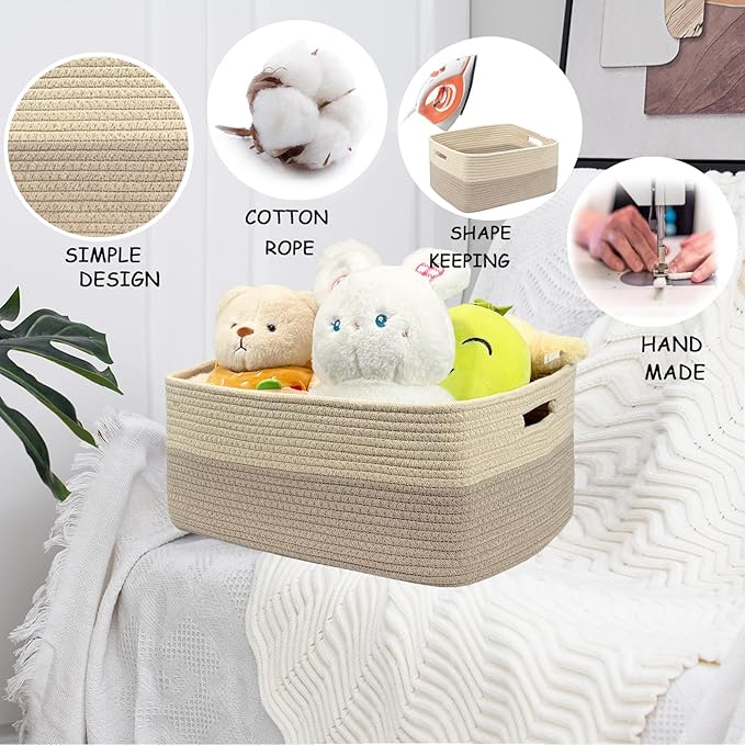 COMFY-HOMI 3 pcs Large Storage Baskets for Shelves, Laundry Basket, Woven Rope Basket, Closet Organizer Bins for Clothes Blanket Towels, Baby Nursery, Gift Toy Baskets, 17” x 13” x 7.5”-Beige Brown