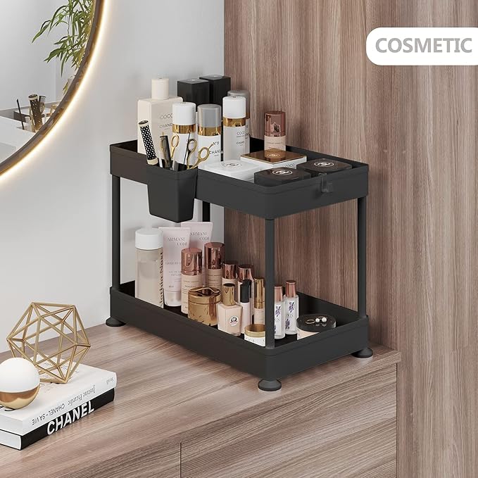 Under Sink Organizers and Storage | Bathroom Cabinet Organizer, Sink Shelf with Utility Hooks and Side Caddy for Under Cabinet Storage | Black (1-Pack) Non Slip Grip Under Kitchen Sink Organizer