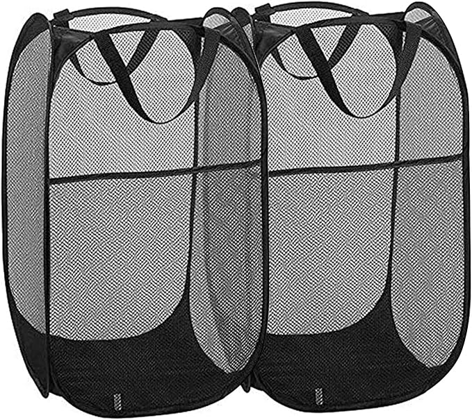 2 Pack Pop Up Laundry Hampers, Collapsible Mesh Laundry Basket, Foldable Clothes Hampers for Bathroom, College Dorm, Travel, Cruise (Black)