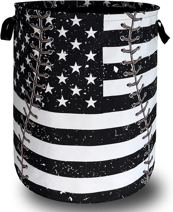 Baseball Textures Laundry Basket Foldable Oxford Cloth American Flag Laundry Hamper With Handle Portable Clothes Storage Organizer Basket 18.9X16.5 Inch Storage Bag For Laundry Room/Bathroom/Bedroom