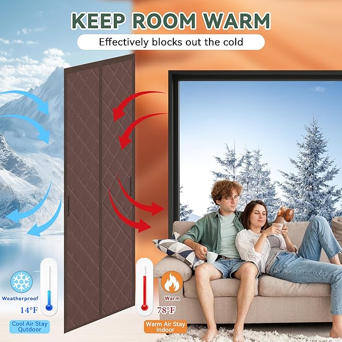 Magnetic Thermal Insulated Door Curtain, Fits 36'' x 96'' Doors(Curtain Size 38'' x 98''), Weatherproof Oxford with Cotton-Fill Insulation Door Cover for Winter, Keep Warm, Brown