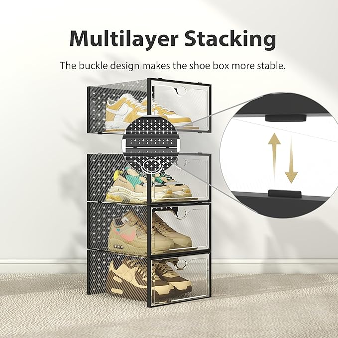 Pinkpum XXL Shoe Storage Box Fit for Size 14, Clear Plastic Stackable Shoe Organizer for Closet 12 Pack, Shoe Containers Sneaker Storage Black