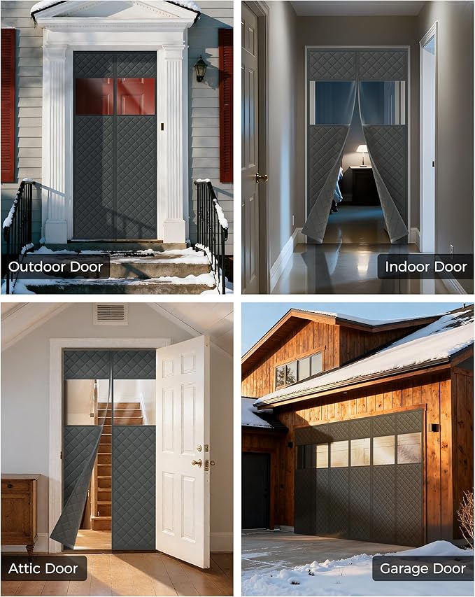 Magnetic Thermal Insulated Door Curtain Fits Door Size 38" x 83", Oxford Cloth Thicken Cotton Fiber Filled, Self-closing Screen Insulation Cover Keep Warm in Winter, with Clear Windows, Grey