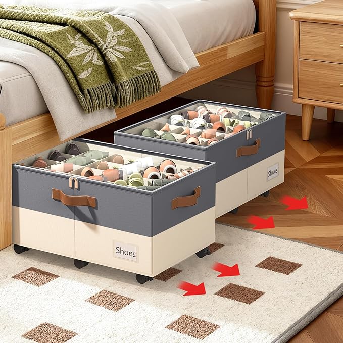Shoe Organizer for Closet, Shoe Storage Organizer with Wheels and Adjustable Dividers, Stackable Shoe Storage Box with Clear Cover, Closet Shoe Organizer Fits up to 24-48 Pairs, Gray and Beige
