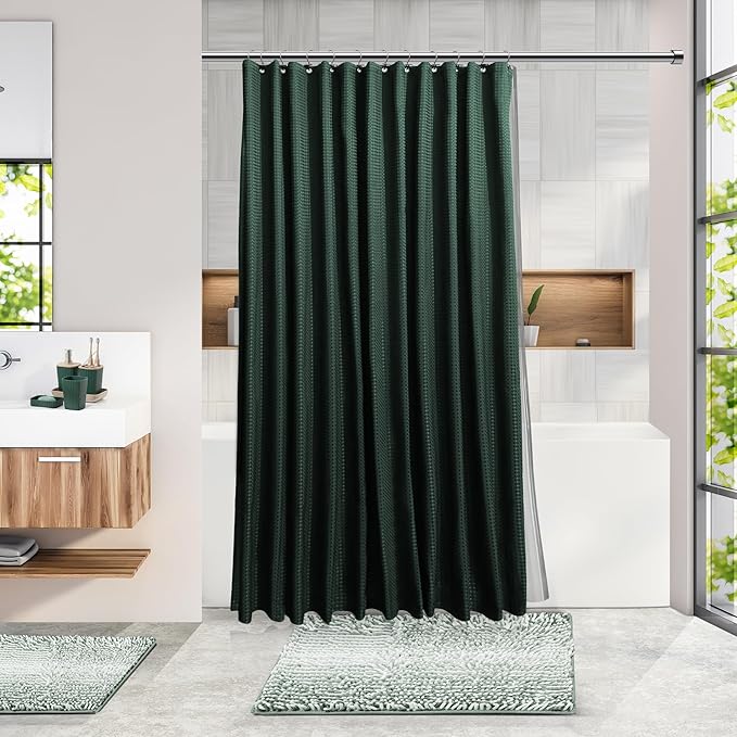 Clara Clark Bathroom Accessories Set - 27PC Bathroom Set with Adhesive Corner Shower Caddy Hanging, Bathroom Sets with Shower Curtain and Rugs, Ombre Green Shower Curtain Set with Bathroom Trash Can