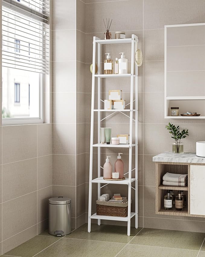Ladder Shelf, Bookshelf Bookcase, Freestanding Corner Storage Shelve with 2 Hooks for Home Office, Living Room, Kitchen, Bedroom, Industrial, 6-Tier White BC13313W
