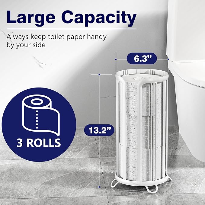 Toilet Paper Holder Stand, Freestanding Bathroom Tissue Organizer, Minimalistic Storage Solution, Reserve Mega Rolls,Stylish Bathroom Floor Toilet Paper Stand-White