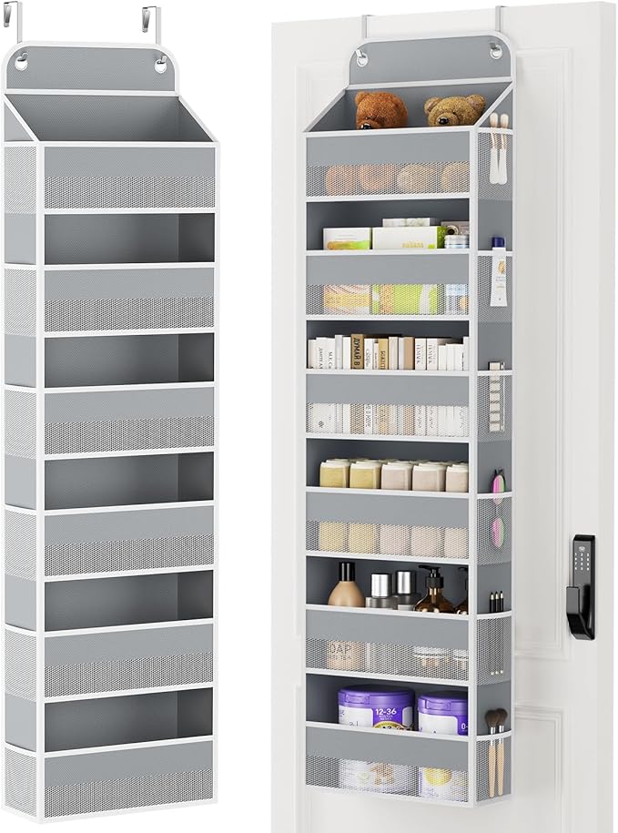 Yecaye 6 Tier Over The Door Organizer Storage, Heavy Duty Door Organizers Hanging with 12 Side Mesh Pockets, 52.8lbs Load Capacity Behind Door Storage for Bathroom Nursery Bedroom Dorm Closet, Grey