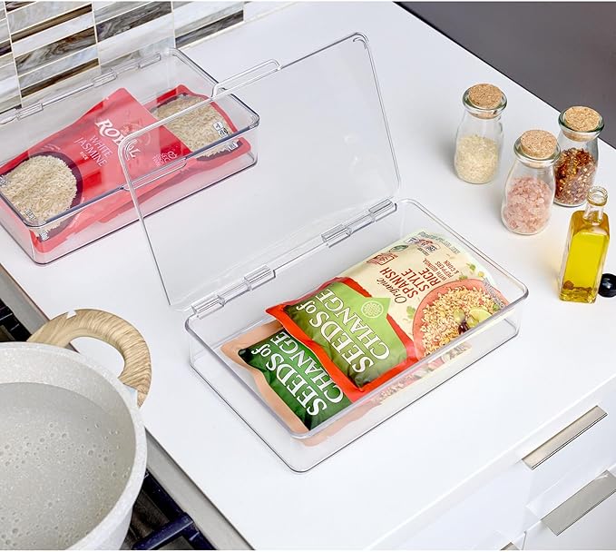 iDesign Plastic Stackable Hinged-Lid Pantry or Kitchen Storage Box - Set of 4 - Clear