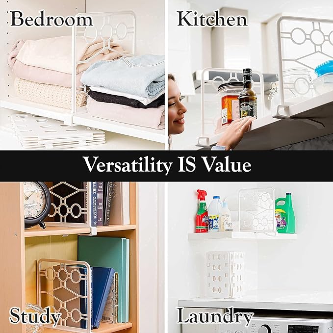 Space-Saving Shelf Dividers with T-Shirt Folder Board - Organize and Maximize Closet Space - Ideal for Kitchen, Bathroom, Office, Bedroom - Pack of 6, Durable, Easy to Install