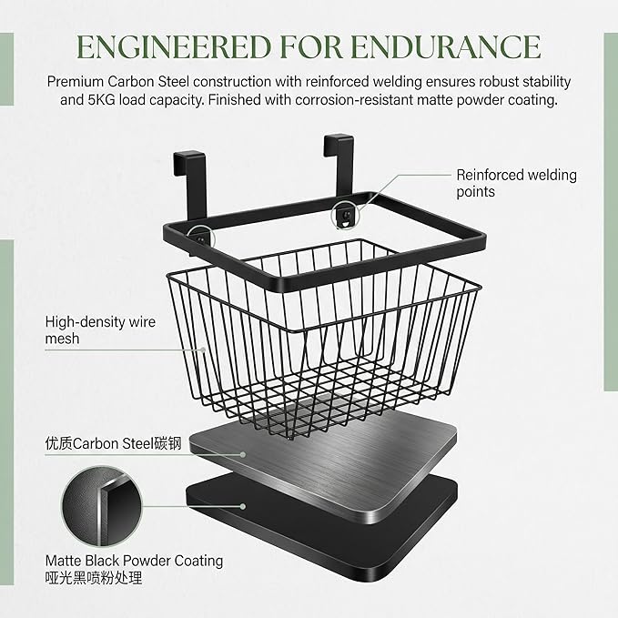 LeleCAT Grid Storage Baskets with Hooks, Over Cabinet Door Organizer, Wire Basket Hanging Storage Organizer, Kitchen Bathroom Organizer (Black, Large)