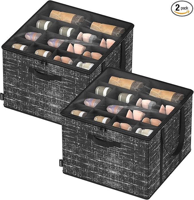 SONGMICS Set of 2 Shoe Organizers for Closet, Fits up to 16 Pairs Each, Shoe Boxes, Fabric Storage Cube with Handles and Transparent Lid, Space-Saving for Bedroom, Entryway, Ink Black ULSP602B01