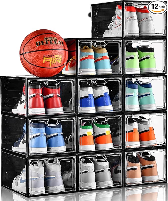 INSTY 12 Pack Large Shoe Storage Box, Clear Shoe Storage Organizer with Magnetic Door, Stackable,Shoe Containers For Display Sneakers, Easy Assembly, Fit up to US Size 12, Transparent