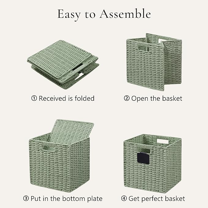 UBBCARE 4 Pack Wicker Basket, 12×12 Storage Cubes with Label, Foldable Cube Storage Bin with Handle, Square Storage Basket for Shelves, Woven Paper Rope Basket for Organizing, Dark Green