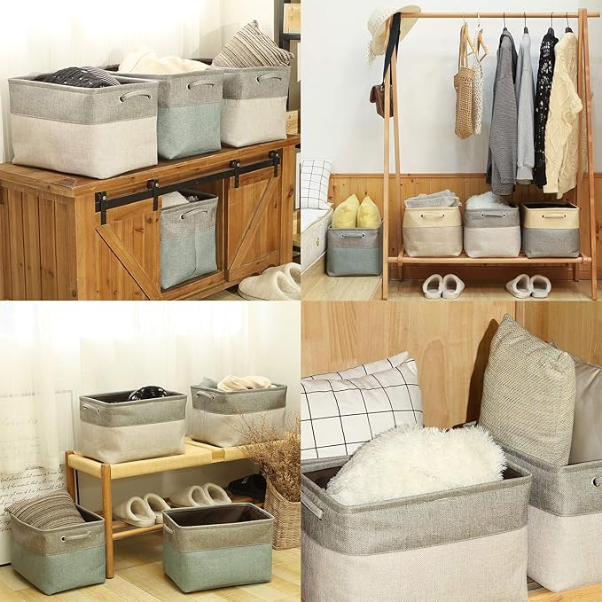 Sea Team 3-Pack Large Storage Basket Set, Trunk Organizer, Clothes Toys Bin, 15 x 10 x 10 Inches, Big Rectangular Canvas Fabric Collapsible Shelf Box with Handles for Kids Room (Ash Grey/Grey)