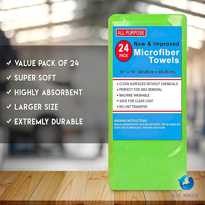 Blue Horizon Microfiber Cleaning Towels, Pack of 24, Ultra Soft Plush Washcloth, All Purpose Premium Microfiber Detailing Cleaning Cloths Reusable Shop Towels (16" x 16", Green)