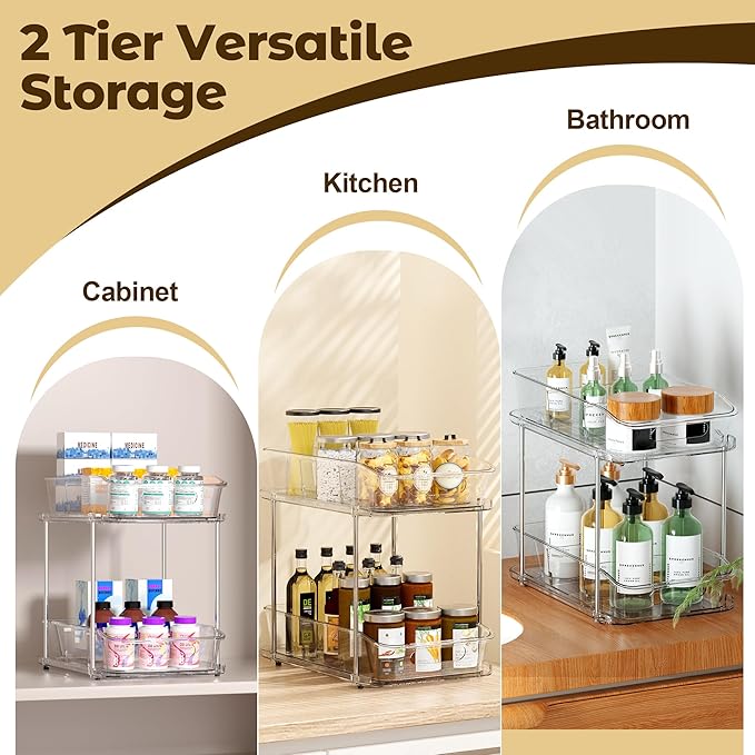 2 Tier Pull-Out Organizer for Bathroom Kitchen, Under Sink Storage with Dividers, Ideal for Cabinet, Cupboard Organization, Slide-Out Clear Storage, 1 Pack