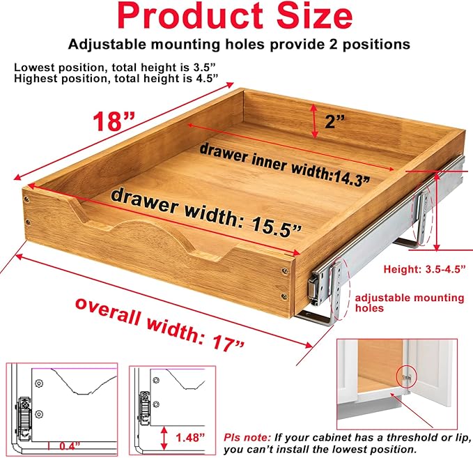 DINDON Pull Out Cabinet Organizer (17" W x 18" D) 1 Tier，Single Tier Oak Wood Under Cabinet Slide Out Shelf Drawer Box…