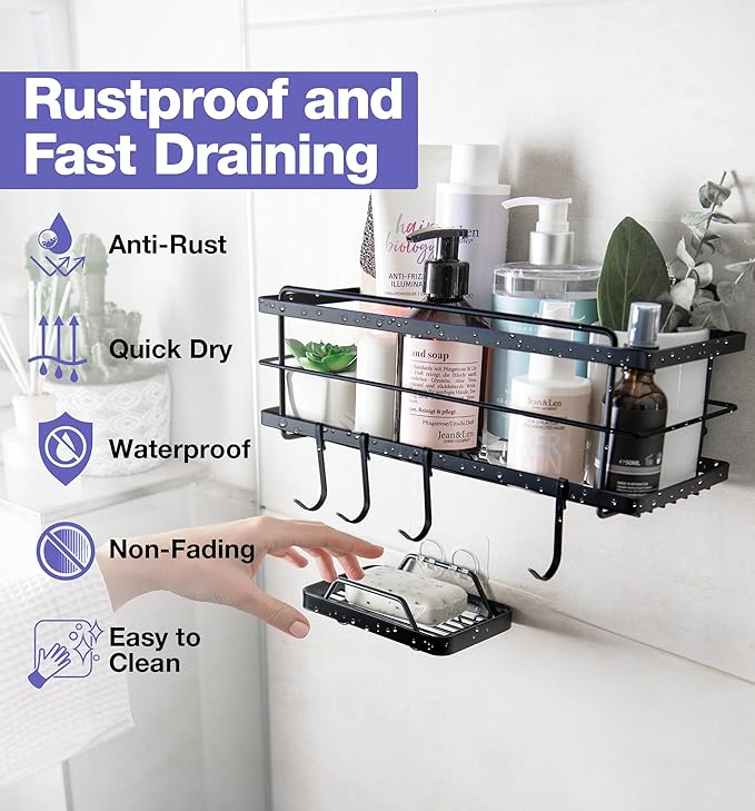 KINCMAX Premium Shower Caddy - Self Adhesive Shower Shelf with 4 Hooks - No Drill Large Capacity Stainless Steel Rack - Aesthetic Organizer for Bathroom Wall Decor - Black