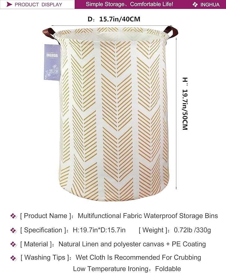 Laundry Hamper Large Canvas Fabric Lightweight Storage Basket/Toy Organizer/Dirty Clothes Collapsible Waterproof for College Dorms, Boys and Girls Bedroom,Bathroom(yellow wheat)