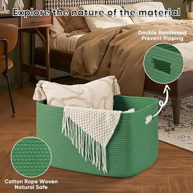 OIAHOMY 75L Large Blanket Basket, Woven Cotton Rope Baskets for Organizing 22”x17”x12”, Blanket Basket living Room, Toy Storage Bins for Nursery, Green