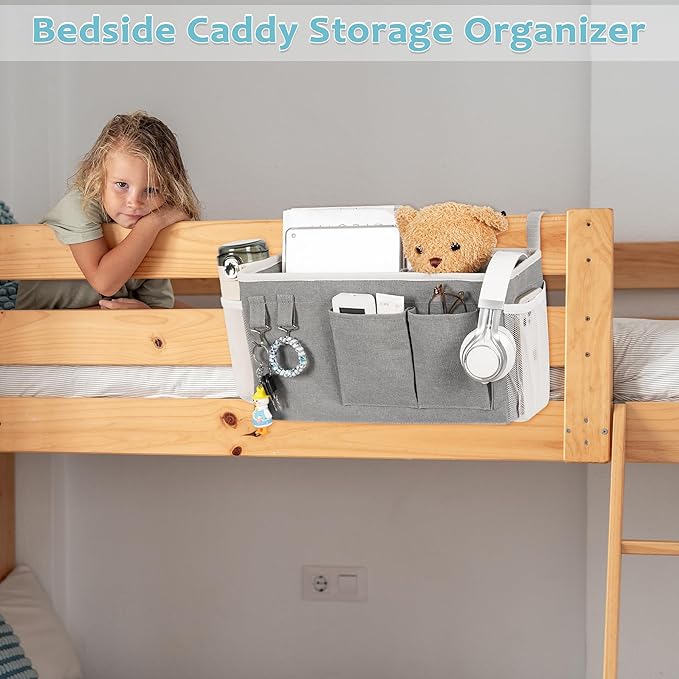 Loghot Bedside Caddy/Bedside Storage Bag Hanging Organizer for Bunk and Hospital Beds,Dorm Rooms Bed Rails,Can be Placed Glasses,Books,Mobile Phones,Keys (2pc Grey)