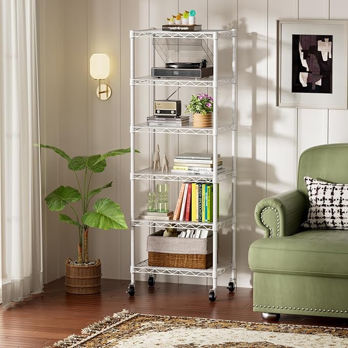 SINGAYE 6 Small Shelf Storage Wire Shelves Closet Bathroom Organizers Metal Pantry Kitchen Garage Shelving Unit Laundry Room Organization Home Narrow Rack Net Basket with Wheels White