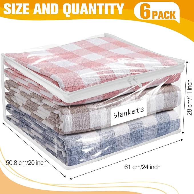 Plastic Storage Bags with Easy-Glide Zipper, Pack of 6, Durable Clear Vinyl Zippered Storage Bags for Clothes Sweaters Comforters Blankets Sheets Bedding (24 x 20 x 11 Inch)