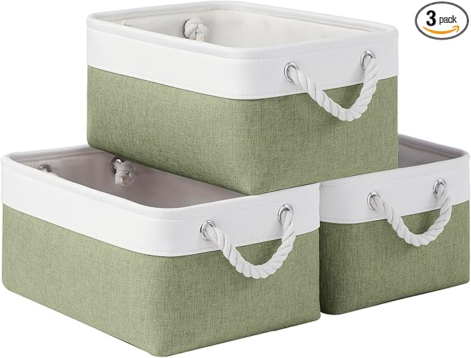 Storage Baskets for Shelves 13.8x9.8x6.7 Inch, Foldable Fabric Storage Bins with Handles, Small Storage Baskets for Organizing Closet, Office, Home Organization (3-Pack, White&Green)