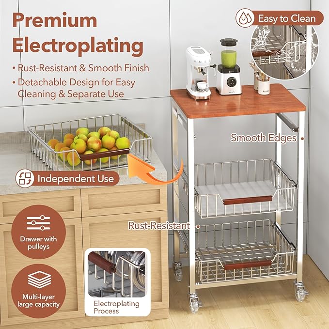 4-Tier Slim Rolling Fruit & Vegetable Storage Cart with Removable Baskets, Narrow Metal Kitchen Organizer Cart on Wheels, Fruit Basket Stand & Fruteros para Cocina, Pantry Cart for Storage
