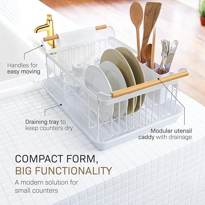 YAMAZAKI Home Sink Dish Rack with Removable Drainer Tray, Kitchen Drying Organizer Holder, One Size, White Steel