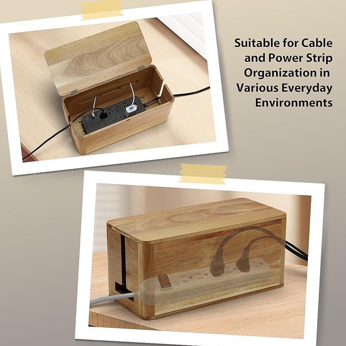 Large Acacia Wood Style Cable Management Box, Cord Organizer Power Strip Box with Magnetic Outlet Covers, Cord Hider for Desk and Floor Cable Storage, Ventilated Design