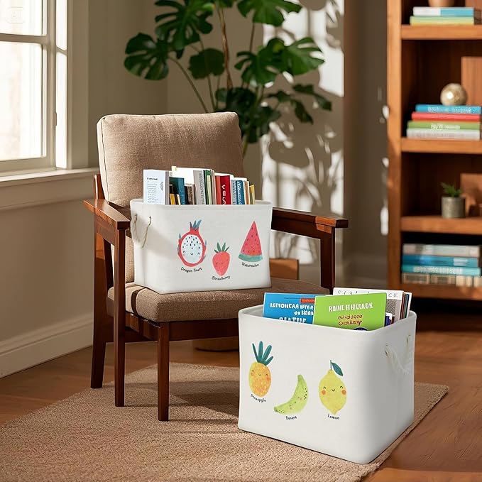 DECOMOMO Toy Storage Baskets for Shelves - 40L Kids Storage Bin for Nursery Décor, Baby, Laundry, Toys (Fruit Print, XXL - 3 Pack)