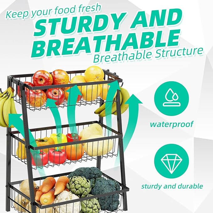 Simple Trending 3-Tier Trapezoidal Fruit Basket with 4 Banana Hooks, Extra Large Metal Wire Kitchen Organizer for Countertop - Rust-Proof for Fruits, Vegetables, Snacks, Bread Storage, Black