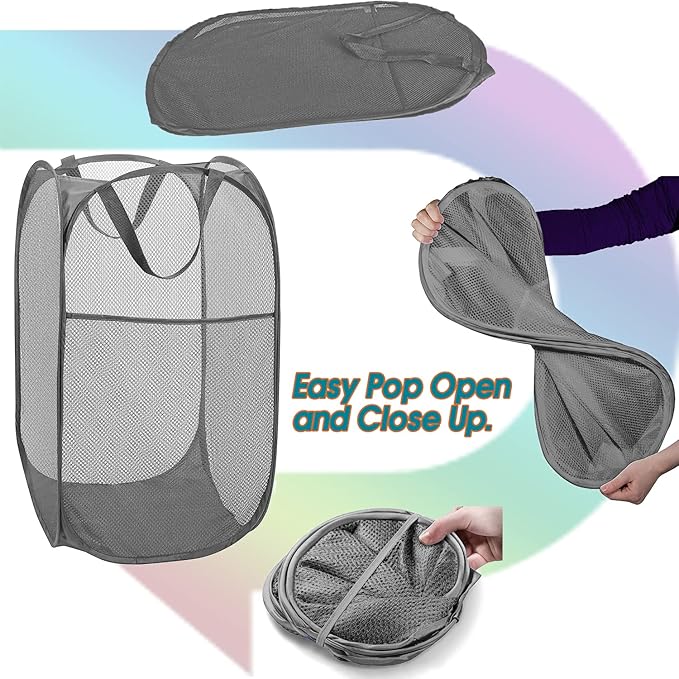 Deluxe Strong Mesh Pop up Laundry Hamper Basket with Side Pocket for Laundry Room, Bathroom, Kids Room, College Dorm or Travel Grey