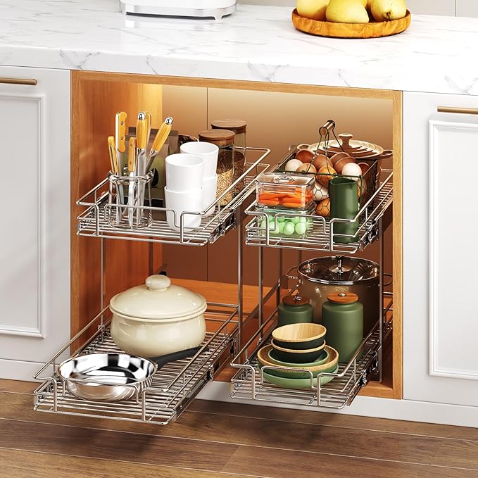 MODCART 2 Tier Individual Pull Out Cabinet Organizer 16½" W x 21½" D, Heavy Duty Cabinet Pull Out Shelves, Slide Out Drawers Organization for Kitchen Cabinets Bathroom