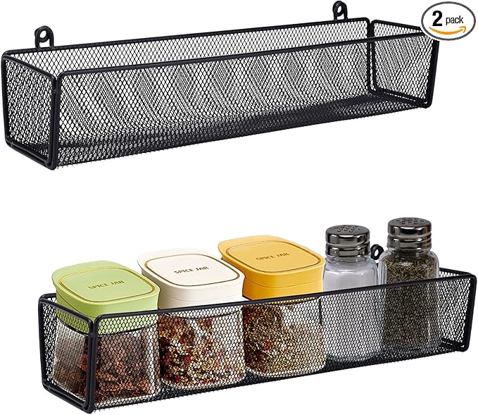Spice Rack Organizer Wall Mount, 2Pack Spice Organization Storage Shelf,Hanging Storage Baskets Organizer Saving Space for Kitchen,Pantry Doors, Bathroom, Shower, Home Decor,Black