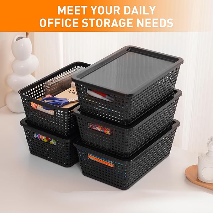 Plastic Storage Baskets With Lid, Storage Bins for Organizing, Stackable Decorative Containers for Shelves Drawers Desktop Closet Playroom Classroom Office, 6 Pack-Black