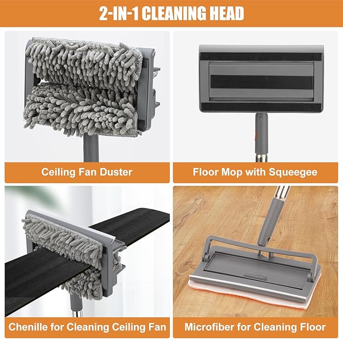 Ceiling Fan Cleaner Duster with 84'' Extension Pole, Baseboard Cleaner Tool with Handle, Reusable Chenille & Microfiber Pads for Dusting Ceiling Fan Baseboard Wall Window Floor