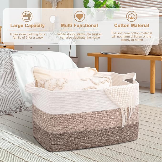 OIAHOMY Extra Large Blanket Basket, 95L Woven Storage Basket, Cotton Rope Toy Bin for Baby Room, Container for Storage in Living Room, 24''×17''×14'', Gradient Brown