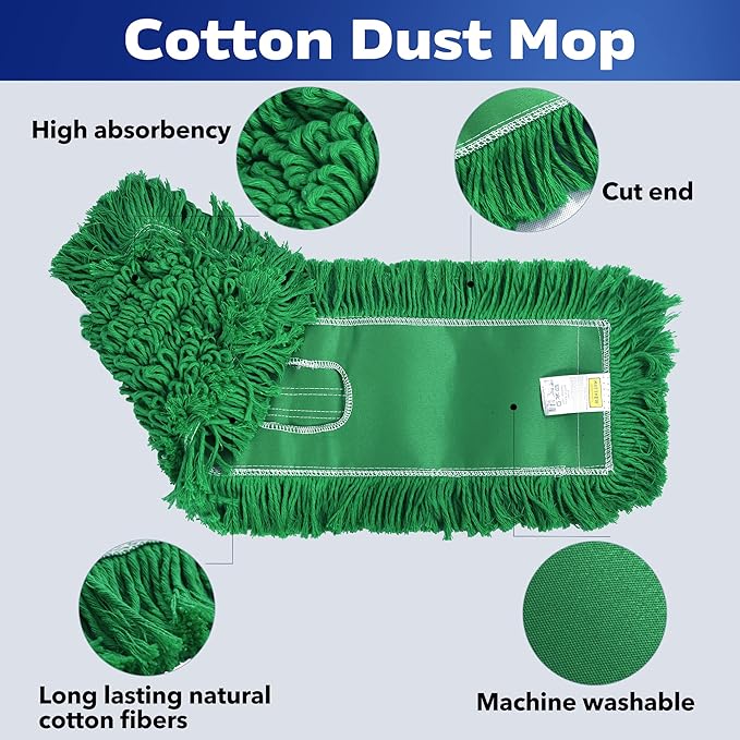 Matthew Cleaning 24'' Industrial Strength Cotton Dust Mop Refill Washable Replacement Heads for Residential & Commercial Use Fit Standard Dust Mop Frames, Hardwood,Concrete Floors Green 1 Pack