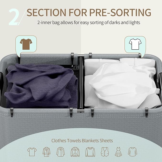 Yecaye 150L Laundry Hamper with Wheels, Rolling Laundry Basket with Lid and 2 Removable Laundry Bag, Large Capacity 2 Section Clothes Hampers for Laundry Room, Bedroom, Bathroom, Dorm, Grey