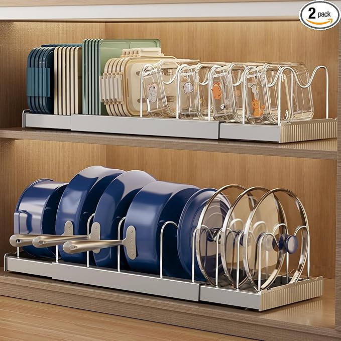 2 Pack Expandable Food Storage Container Lid Organizers, 22" Pots and Pans Organizer Under Cabinet with 9 Adjustable Dividers Pot and Pan Lid Holders Rack Inside Cabinet(Gray)