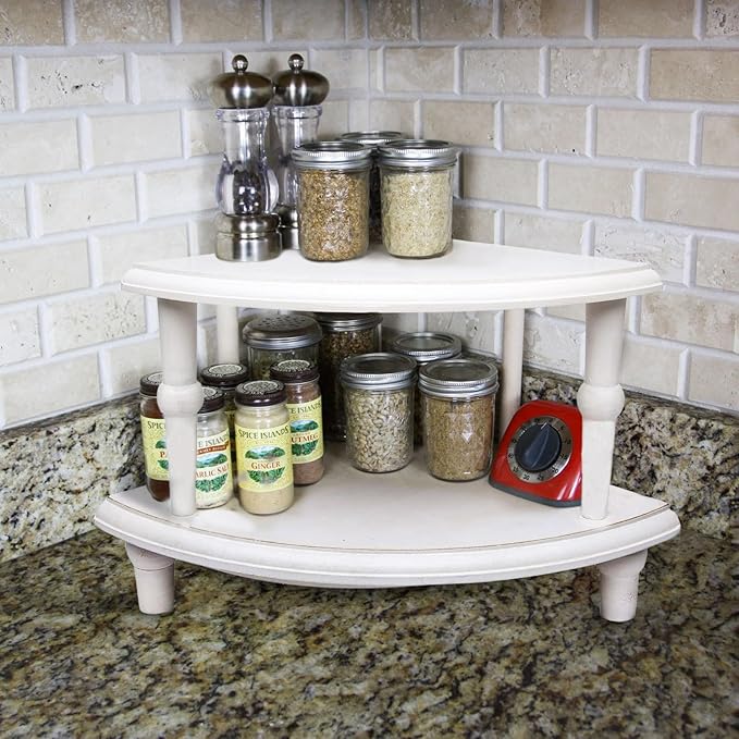 Wood Corner Counter Shelf,Rustic Pedestal Stand,White Sector Farmhouse Corner Shelves,Stackable Countertop Bathroom Organizer, Tray Riser for Coffee Bar Table and Kitchen Counter Decor (2 Pack)