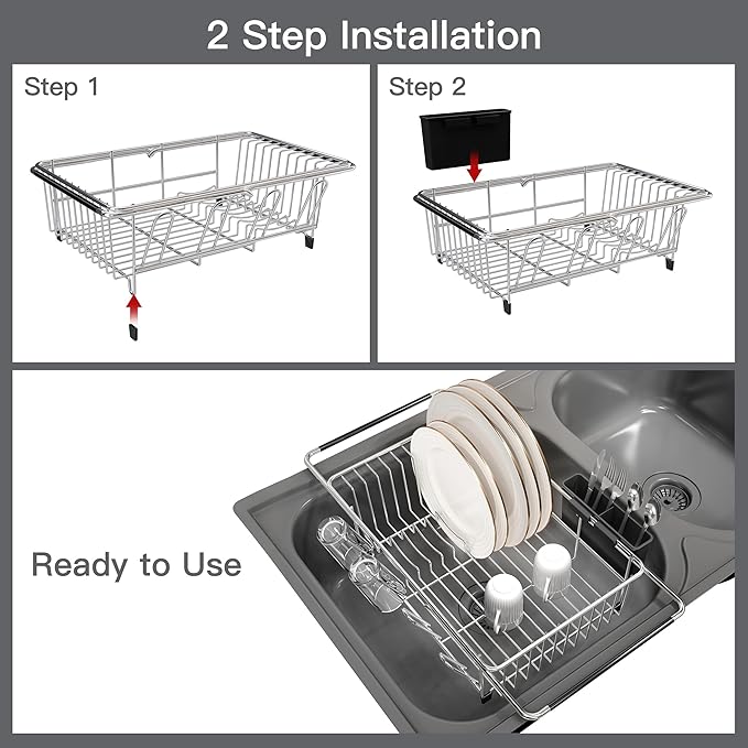 Over the Sink Expandable Dish Drainer Drying Rack In Stainless Steel for Small Kitchen, Counter Space Saving Modern Compact Metal Above Plate Dryer Strainer, Adjustable Hanging Inside Drain Holder